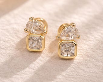 Bridesmaid Gift Earrings Gold CZ Stud Set Bridal Party Jewelry Accessory Wedding Day Elegant Design Teardrop - Includes Pouch