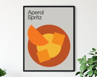 Aperol Spritz Cocktail Print, Minimalist, Mid-Century, Swiss Modernist Design, Kitchen Art.