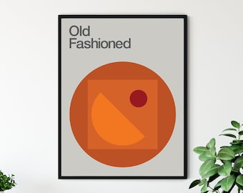 Old Fashioned Cocktail Print, Minimalist, Mid-Century, Swiss Modernist Design, Kitchen Art.