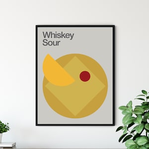 Whiskey Sour Cocktail Print, Minimalist, Mid-Century, Swiss Modernist Design, Kitchen Art.