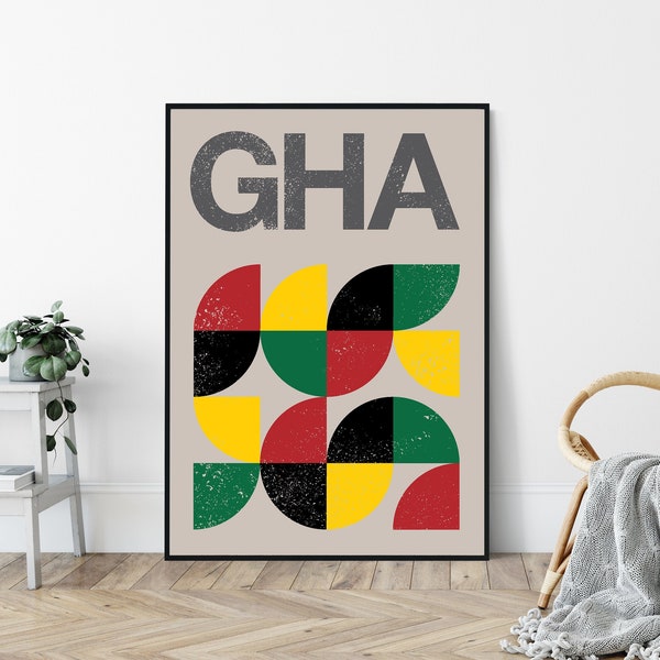 Vlag van Ghana, Mid-Century Art Print, Travel Poster Print, minimalistisch, modernistisch design.