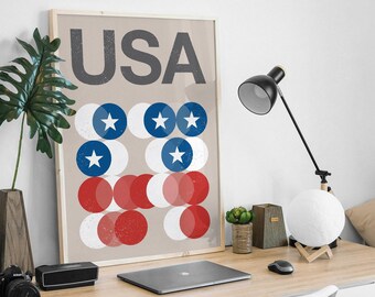 USA Flag Mid-Century Art Print, Travel Poster Print, Minimalist, Vintage Design.