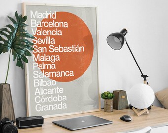 Spain Cities Travel Print, Mid-Century, Modernist Art Print.