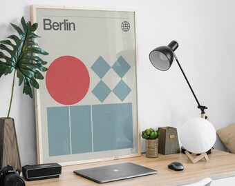 Berlin City Print, Mid-Century Modernist Art Print, Abstract, Geometric, Vintage Style, Graphic Design.