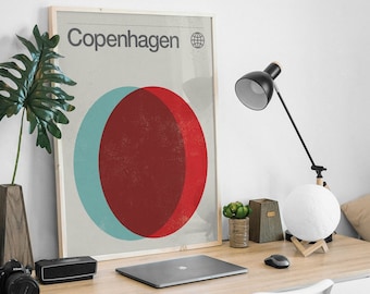 Copenhagen City Print, Mid-Century Modernist Art Print, Scandi, Abstract, Geometric, Vintage Style, Graphic Design.