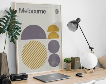 Melbourne, Australia, Mid-Century Modernist Art Print, Abstract, Geometric, Vintage Style, Graphic Design.