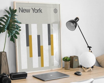 May include: A framed poster with a minimalist design featuring the words "New York" in a sans-serif font. The poster has a light grey background with vertical white and grey bars and horizontal yellow bars.