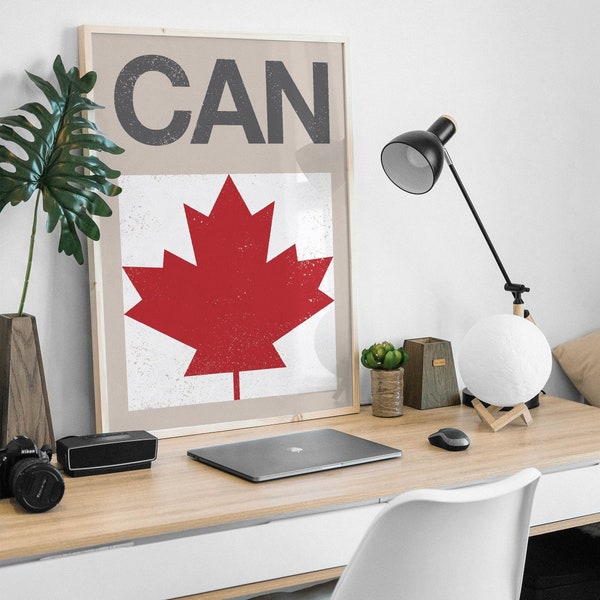 Impression d'art Mid-Century du drapeau du Canada, impression d'affiche de voyage, design minimaliste et vintage.