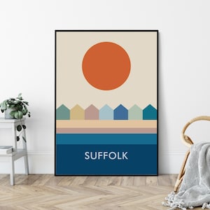Suffolk Mid-Century Art Print, Travel Poster Print, Seaside Print, Felixstowe Beach Huts.