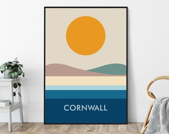 Cornwall Mid-Century Art Print, Travel Poster Print, Seaside Print, Beach Print