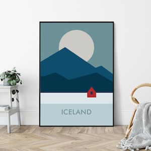 Iceland, Mid-Century Art Print, Minimalist Travel Poster Print, Nordic, Hygge, Modernist Design.