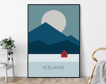 Iceland, Mid-Century Art Print, Minimalist Travel Poster Print, Nordic, Hygge, Modernist Design.