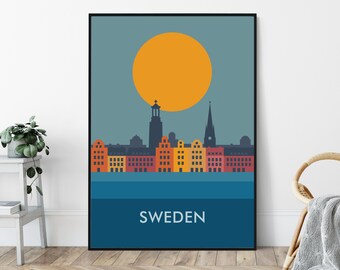 Sweden Mid-Century Art Print, Stockholm Travel Poster Print, Scandinavian, Swedish Hygge.