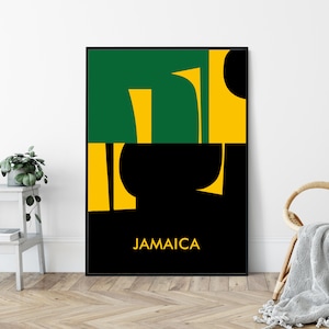 Jamaica Abstract Flag, Mid-Century Art Print, Travel Poster Print, Minimalist Geometric Vintage Design.