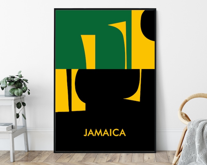 Jamaica Abstract Flag, Mid-Century Art Print, Travel Poster Print, Minimalist Geometric Vintage Design.
