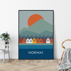 Norway Mid-Century Art Print, Bergen Travel Poster Print, Nordic, Hygge.