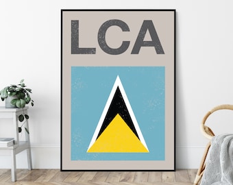 Saint Lucia Flag Mid-Century Art Print, Travel Poster Print, Minimalist, Vintage Design.