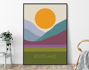 Scotland Mid-Century Art Print, Travel Poster Print, Scottish Countryside, Scottish Highlands, Cairngorms.