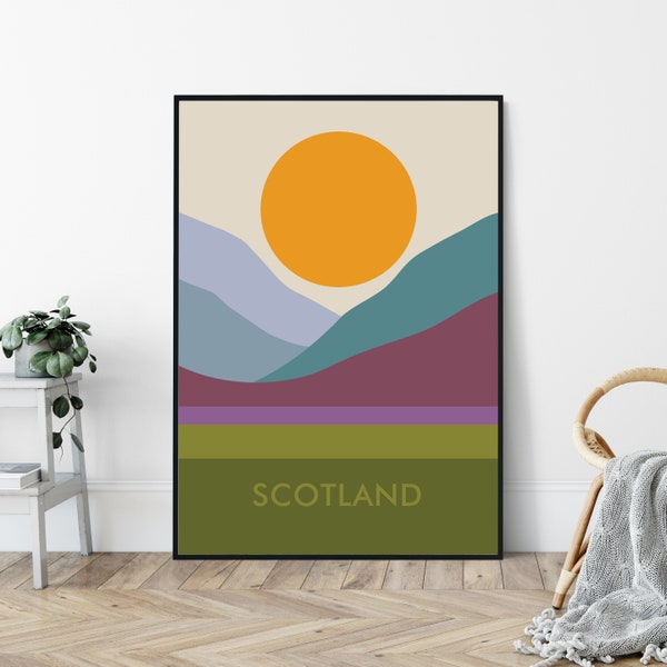 Scotland Mid-Century Art Print, Travel Poster Print, Scottish Countryside, Scottish Highlands, Cairngorms.