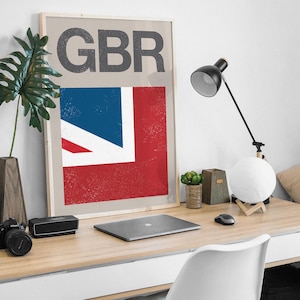 Póster artístico de viaje de mediados de siglo, con la bandera de Union Jack, Reino Unido, Gran Bretaña.