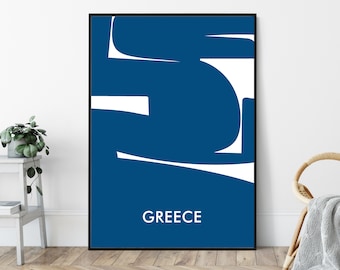 Greece Abstract Flag, Mid-Century Art Print, Travel Poster Print, Minimalist Geometric Vintage Design.