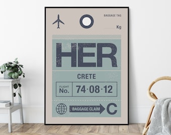 May include: A vintage-style luggage tag with the word "HER" in large, bold, blue letters. The tag is labelled "CRETE" and has a flight number of "74:08:12". The tag also includes a baggage claim symbol and the words "BAGGAGE CLAIM".