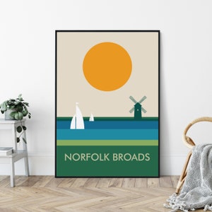 Norfolk Broads, Mid-Century Art Print, Travel Poster, Windmill, Sailing.