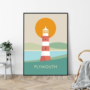 Plymouth, Devon, Mid-Century Art Print, Travel Poster Print, Seaside Print, Beach Print, Maritime, Harbour, Coastal Lighthouse Print.