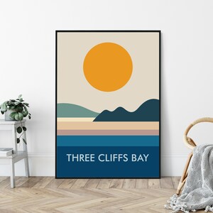 Three Cliffs Bay, Gower, Mid-Century Art Print, modernistisch, Travel Poster Print, Seaside Print, Beach Print.
