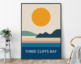Three Cliffs Bay, Gower, Mid-Century Art Print, Modernist, Travel Poster Print, Seaside Print, Beach Print.
