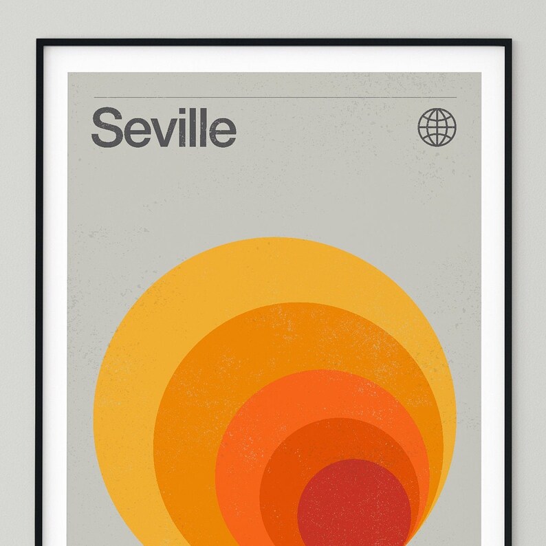 May include: A retro-style poster with the word "Seville" in bold black text at the top. A globe icon is in the top right corner. The background is a light gray with a textured look. The main image is a series of concentric circles in shades of orange, yellow, and red, starting with a large yellow circle and ending with a small red circle in the center.