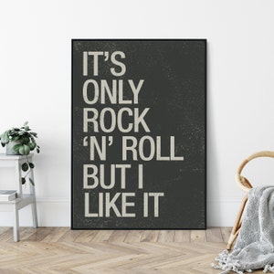 Ce n'est que du rock'n'roll mais j'aime ça, impression d'art de style Mid-Century moderne, décoration murale typographie minimaliste.