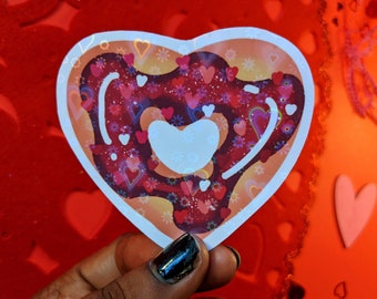 Beignet pailleté en forme de cœur rouge - Beignets holographiques - Donut de Saint-Valentin - Autocollant de Saint-Valentin - Autocollant de cuisson - Autocollant de pâtisserie -