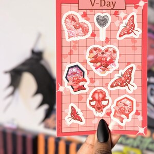 Herz Aufkleber / Valentinstag Sticker Bogen / Fantasy Sticker / Journal / Planer / Kawaii / Schmetterling / Katzenschädel
