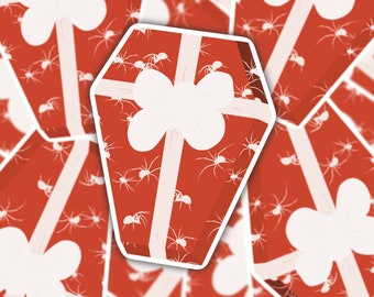 Red and White Coffin Shaped Present Sticker - Goth Present - Stocking Stuffer - Goth Christmas Present - Goth Gift - Creepmas Sticker