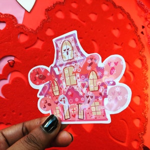 Pink Haunted House Sticker Valentine's Day Sticker Haunted House Sticker Gothic Sticker Spooky Cute Holographic Sticker image 1