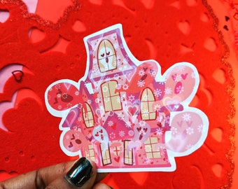 Pink Haunted House Sticker - Valentine's Day Sticker -  Haunted House Sticker - Gothic Sticker - Spooky Cute - Holographic Sticker