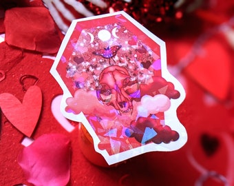 Coffin Sticker, Holographic Sticker, B-grade Sticker, Creepy Sticker, Witchy Sticker, Aesthetic Sticker, Cat Skull Sticker, Valentine’s Day