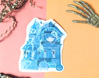 Sticker maison hantée bleu - Sticker holographique - Sticker pour ordinateur portable - Sticker Halloween - Sticker effrayant mignon - Sticker maison hantée