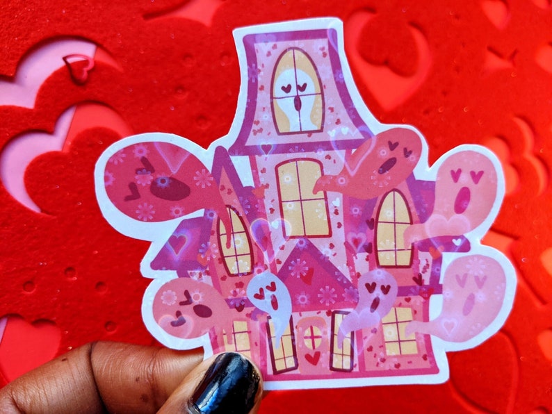 Pink Haunted House Sticker Valentine's Day Sticker Haunted House Sticker Gothic Sticker Spooky Cute Holographic Sticker image 2