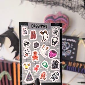 Folha de adesivos Creepmas | Adesivos de Natal góticos, Folha de Natal assustadora, Diário de marcadores, Álbum de recortes, Adesivos estéticos, Adesivos Kawaii