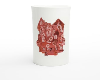 Red Haunted House Mug -  Halloween Mug - Spooky House - Creepy Cute Cup - Horror Mug - Haunted House Mug -  White 10oz Porcelain Slim Mug