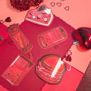 Paquete de pegatinas de comida kawaii de golosinas rojas góticas de San Valentín de Valloween, set de grado B