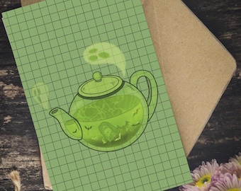 Postal con impresión artística de una tetera caprichosa: Papelería brillante