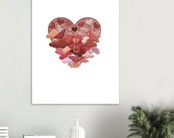 Red and Pink Fantasy Heart - Red Moth Print - Red Cat Skull Print - Valentines Day Print - Vday Home Decor - Premium Matte Paper Poster