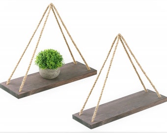 Zurückgefordertes Distressed Holz Schaukel Regal Schwimmender Nachttisch - Seil Wand Dekor - Natürlicher minimalistischer Stil mit Edelstahl Haken Hardware