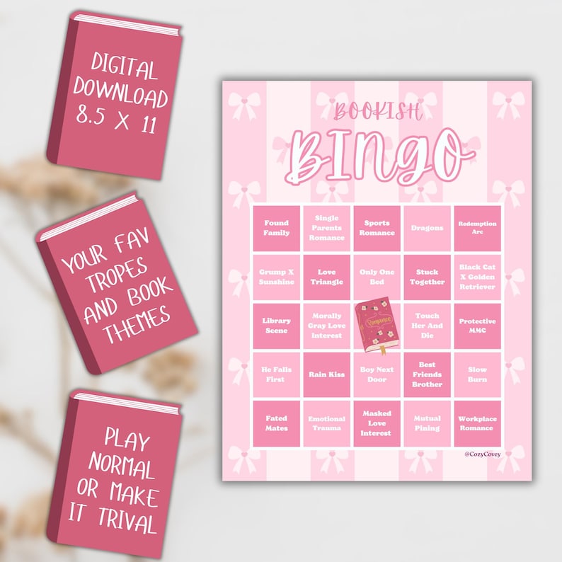 May include: A pink "Bookish Bingo" game board with a grid of book-related themes, surrounded by pink bows. Three pink book-shaped cards with text: "Digital Download 8.5 X 11", "Your Fav Tropes and Book Themes", and "Play Normal or Make it Trival".