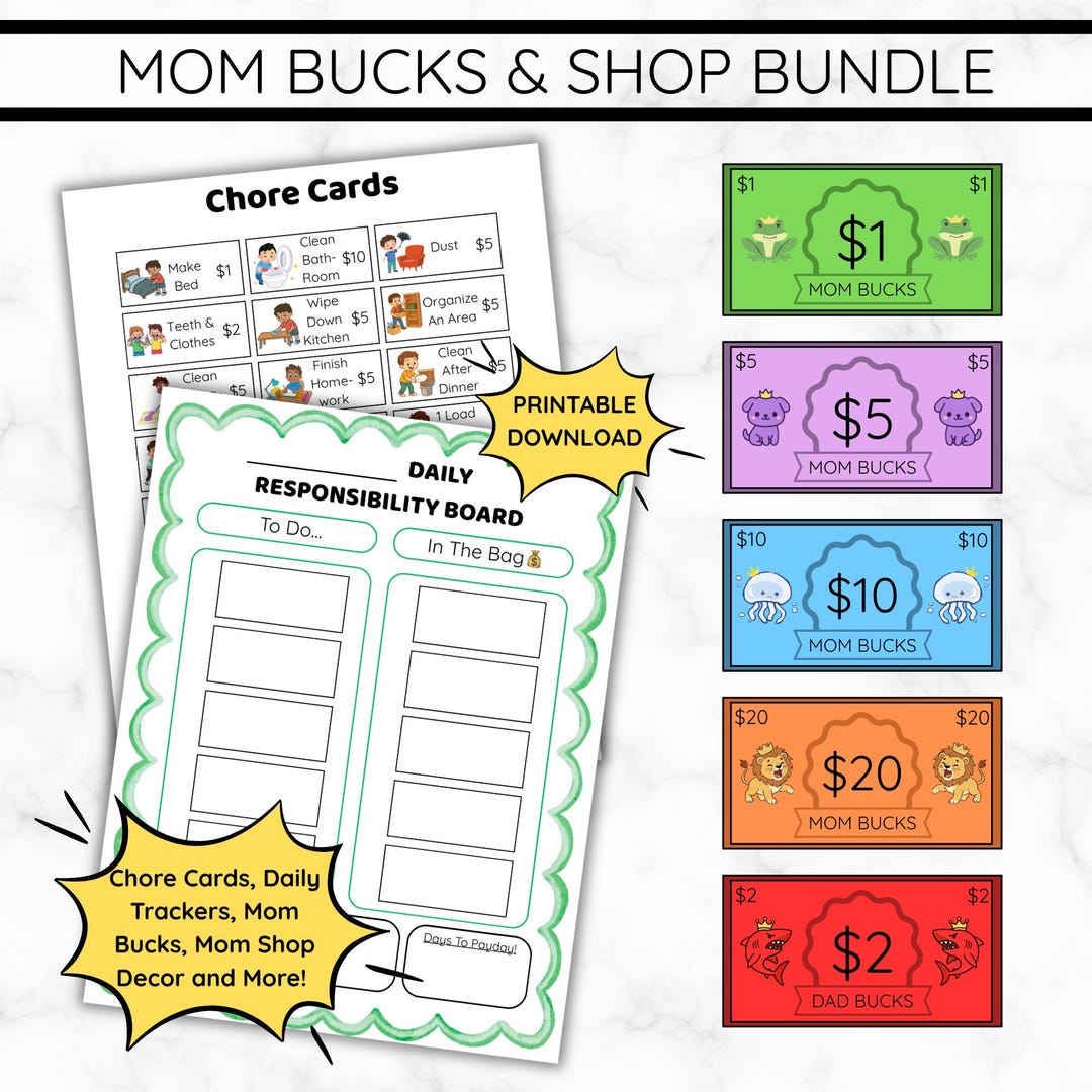 Mom Bucks Reward System Bundle | Printable Mom Shop & Chore Charts for ...