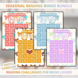 Pacchetto Bingo di lettura stagionale / Sfida di lettura per primavera, estate, autunno e inverno / Tracker per amanti dei libri stampabile