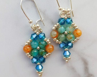 Double Diamond Teal and Coral Gemstone and Crystal Earrings in Silver - More Colors Available!